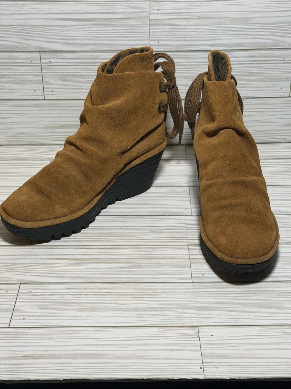 Fly London Yama Women’s Suede Wedge Ankle Boots Brown Lace Up EU 37